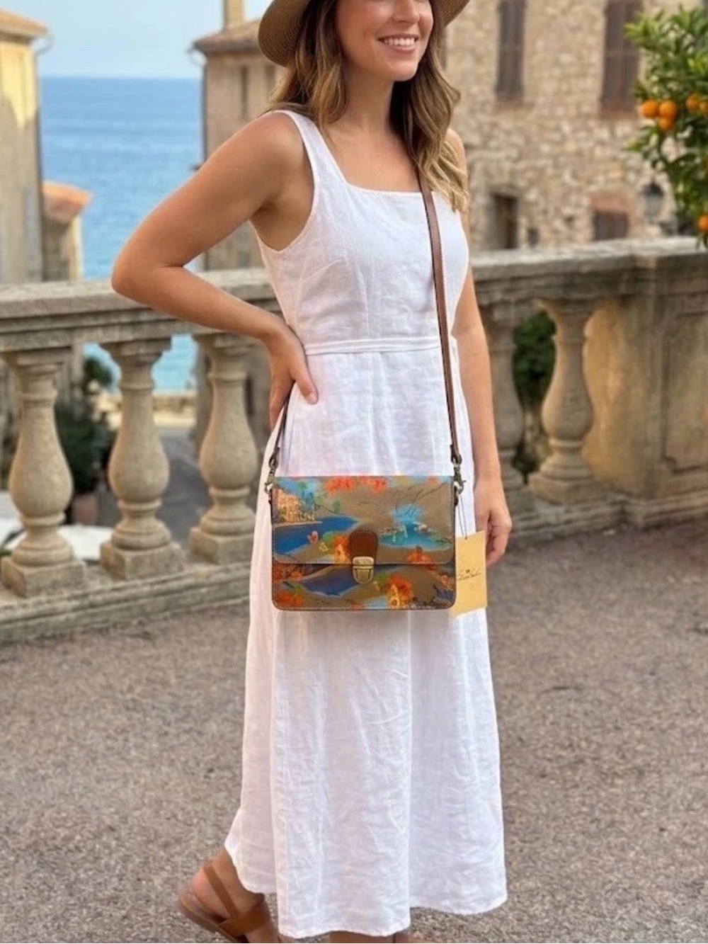 Patricia Nash Orange & Blue Floral Coastal Leather Crossbody